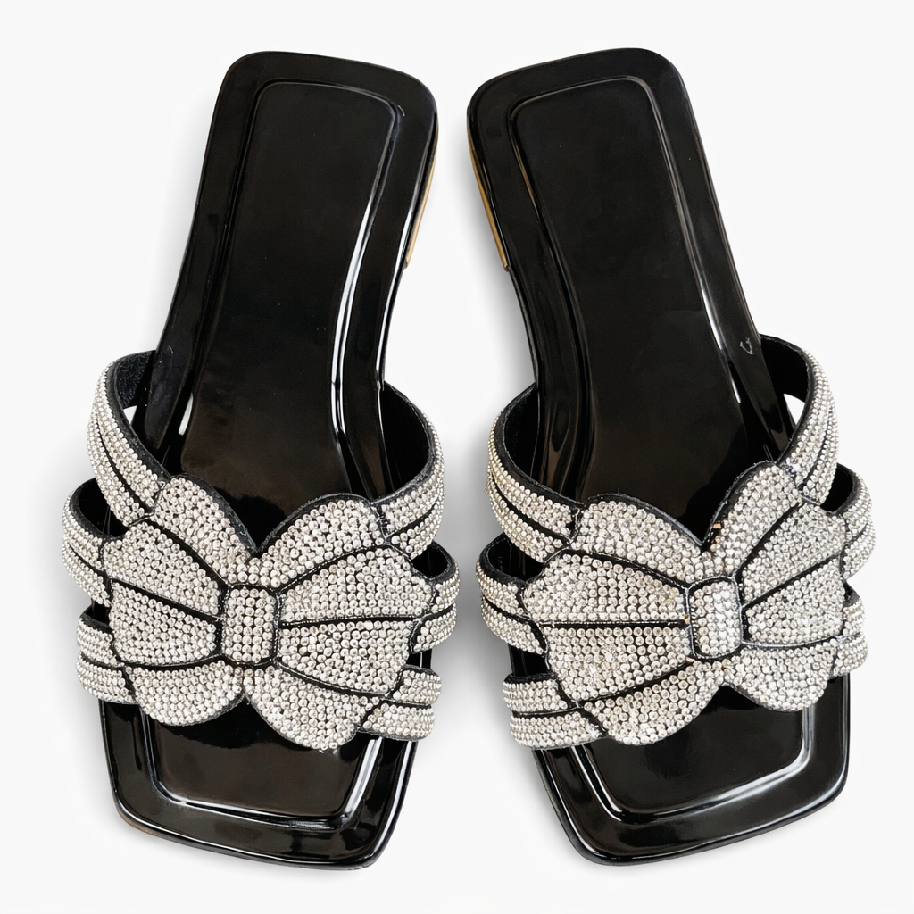 Embellished Slip On Flat Sandals with Bow Detail